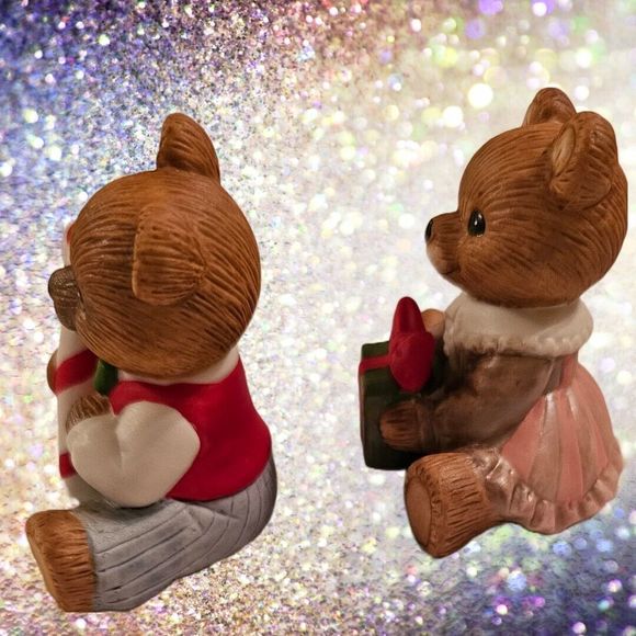 Pair Christmas Teddy Bear Figurines Homco Candy Cane Gift Boy Girl - Picture 3 of 8
